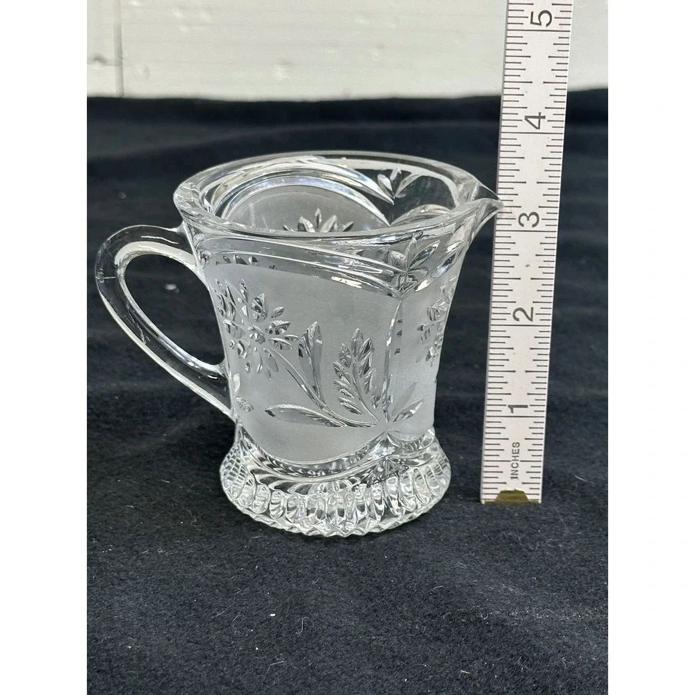Vintage Frosted Floral Glass Creamer Pitcher Daisy Wheat Cut Design Starburst